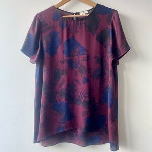 Aritzia Burgundy Blue Floral Silk Blouse - size L